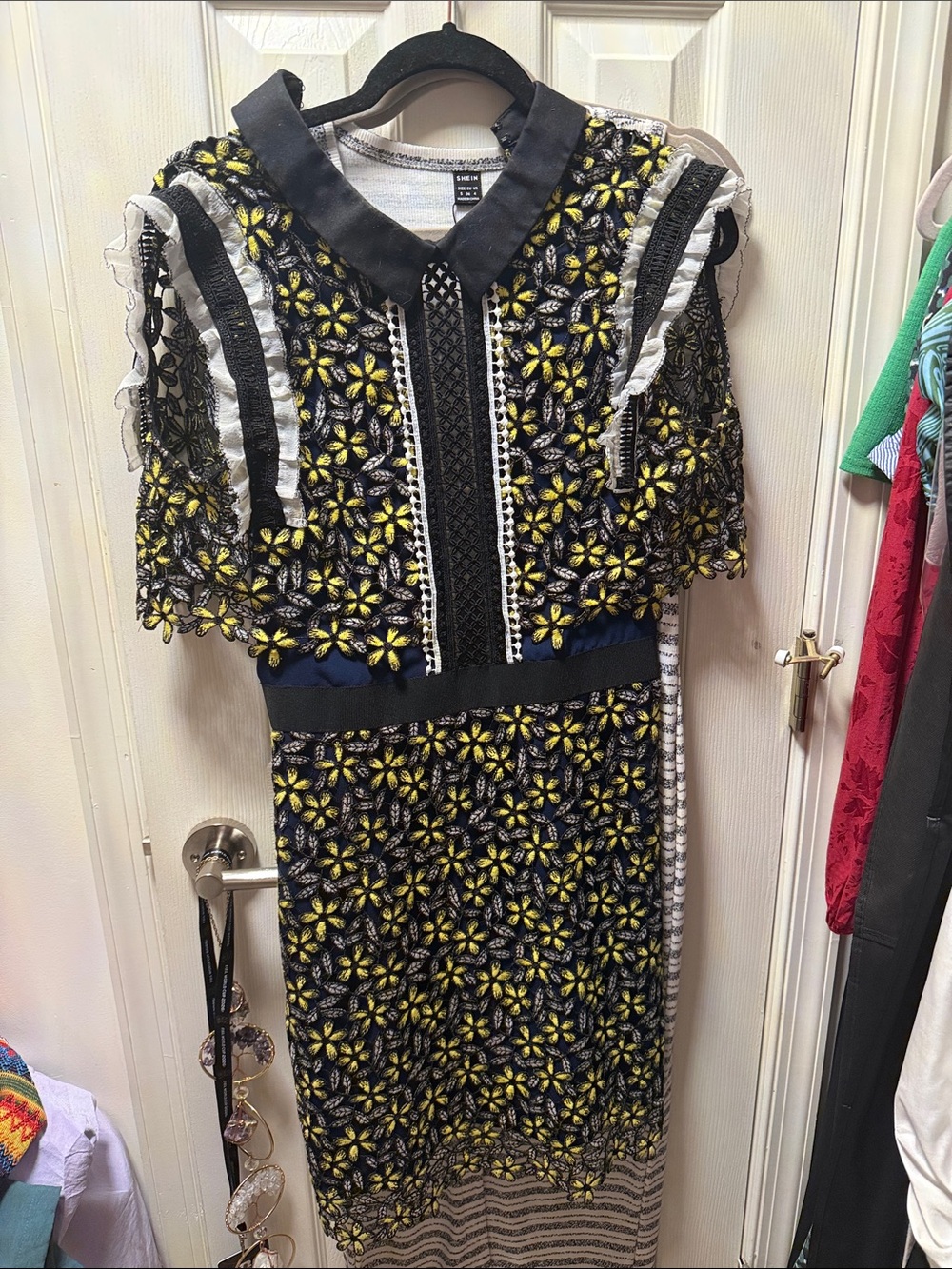 Self-Portrait Black Lace Midi Dress with Yellow Floral Appliqué